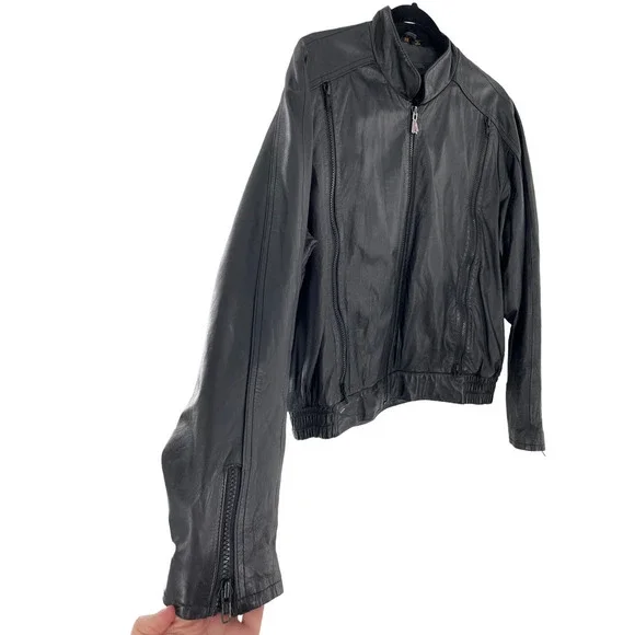 Hein Gerickle Mens Leather Moto Jacket Mock Neck Long Sleeve Size 38 Black - Picture 5 of 9